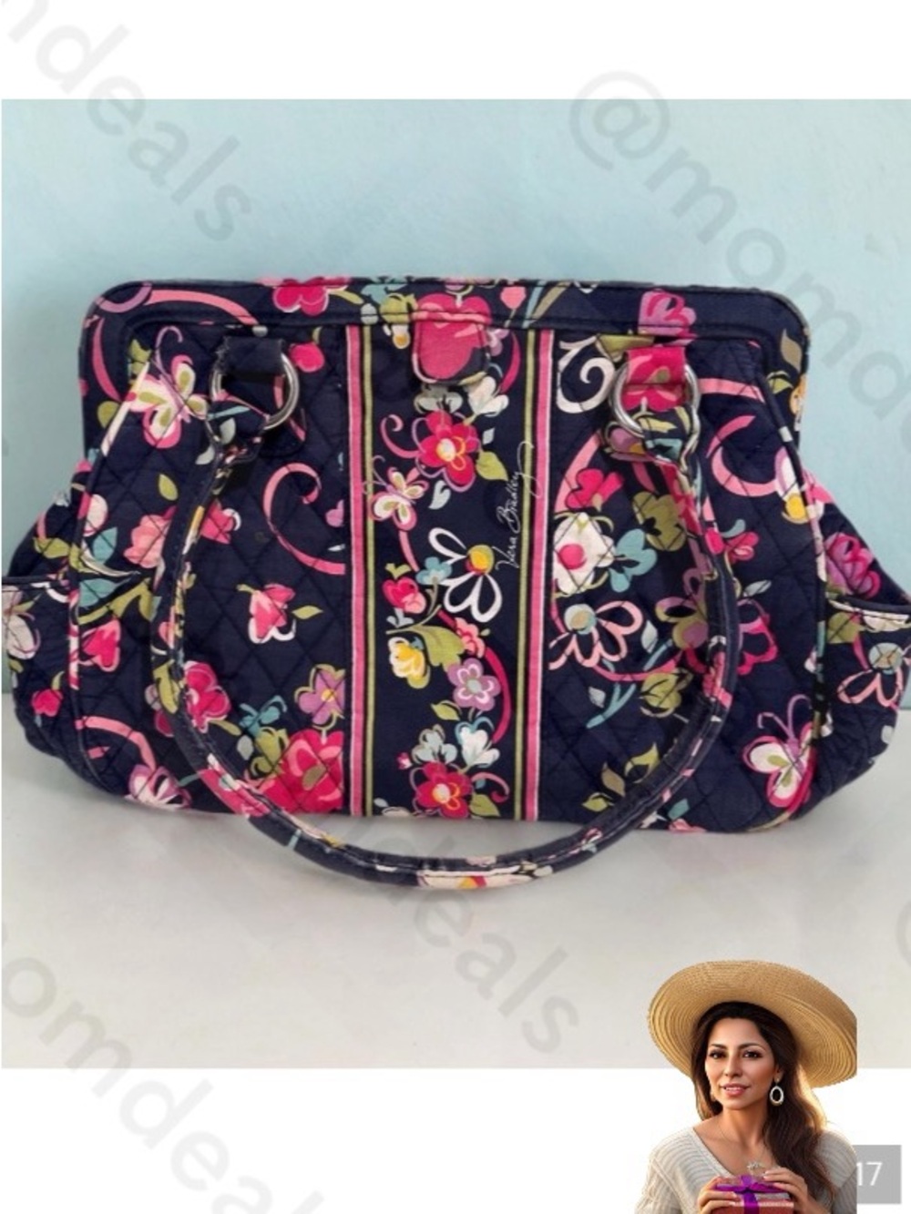 Vera Bradley Frame Bag in Ribbons Retired Pattern Shoulder Bag GUC DarkBlue Pink
